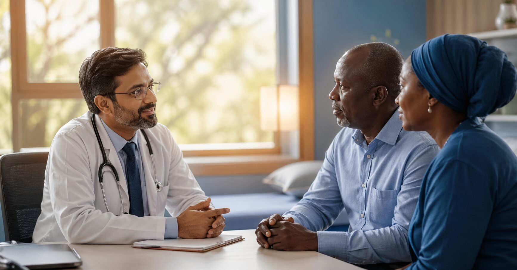 Indian doctor consulting with an African couple in a warm hospital room discussing bone marrow transplant treatment