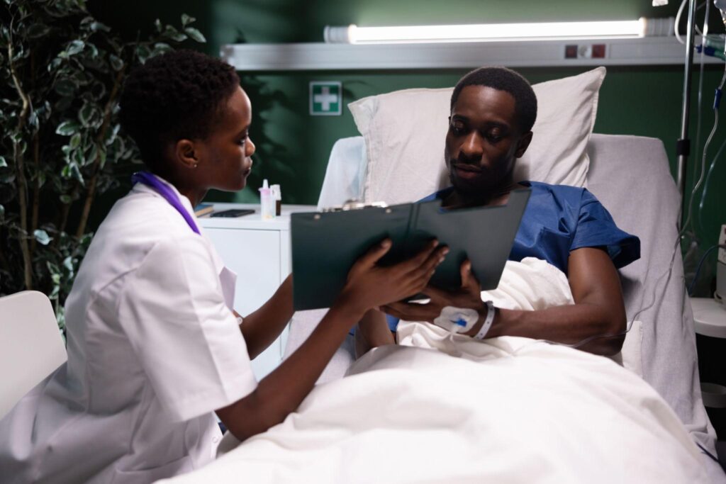 Bone marrow transplant consultation in India for Nigerian patient with doctor explaining treatment and donor options