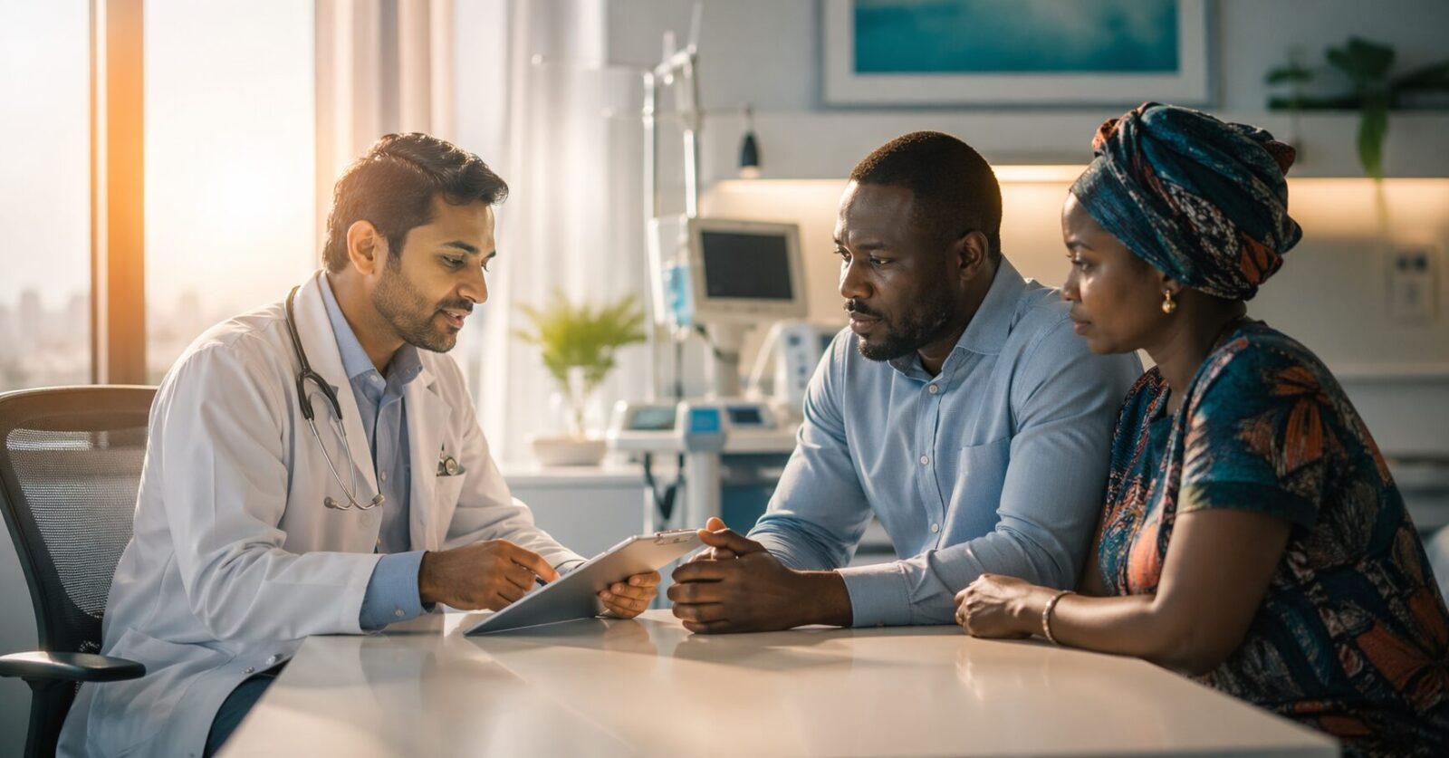 Doctor consulting Nigerian family at a bone marrow transplant hospital in India