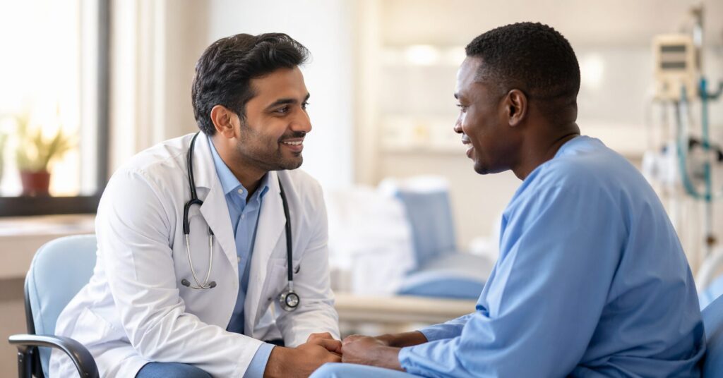 Doctor consulting Nigerian patient about bone marrow transplant cost in India