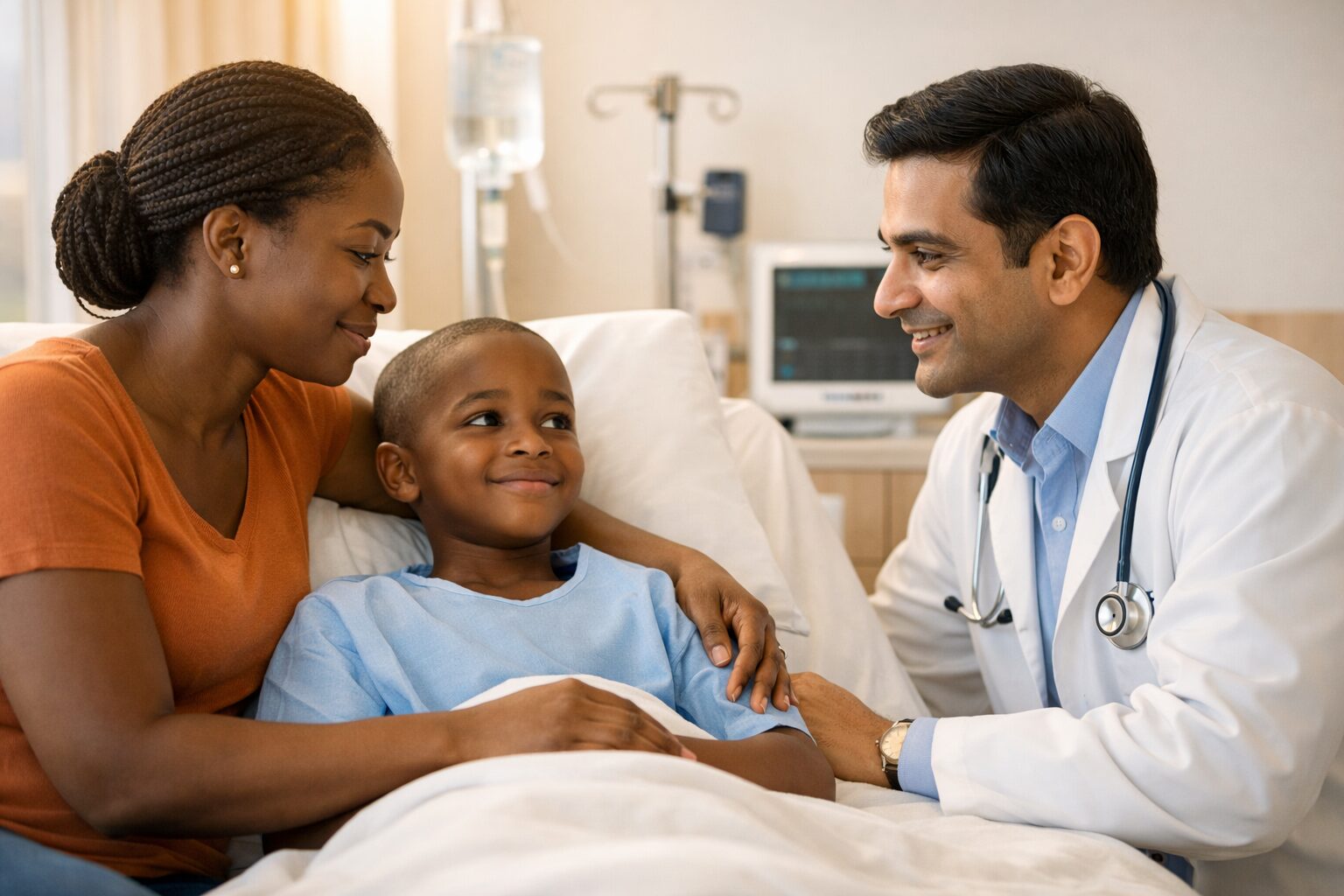 Nigerian parent with child in hospital speaking with doctor about bone marrow transplant treatment in India