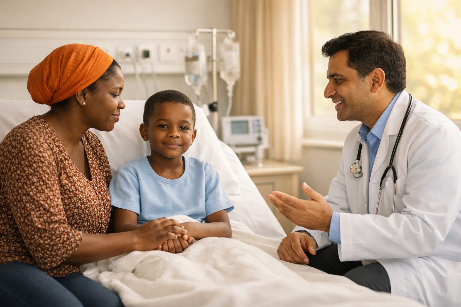 Nigerian parent with child in hospital being reassured by doctor before bone marrow transplant