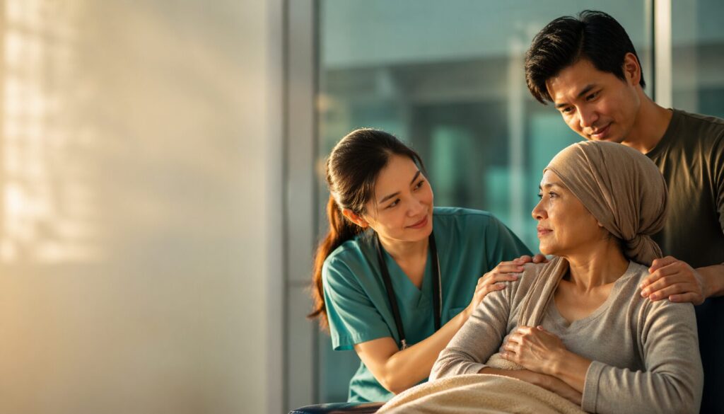 patient receiving emotional support from doctor and family in Indian hospital during treatment journey