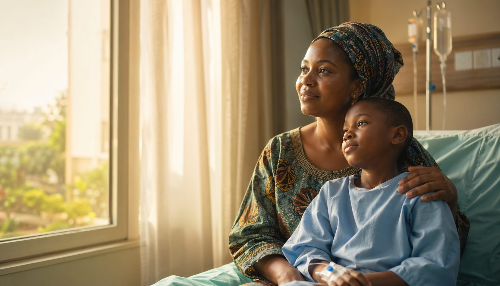 Nigerian mother and child in a warmly lit Indian hospital room during bone marrow transplant treatment, sharing a quiet hopeful moment by the window