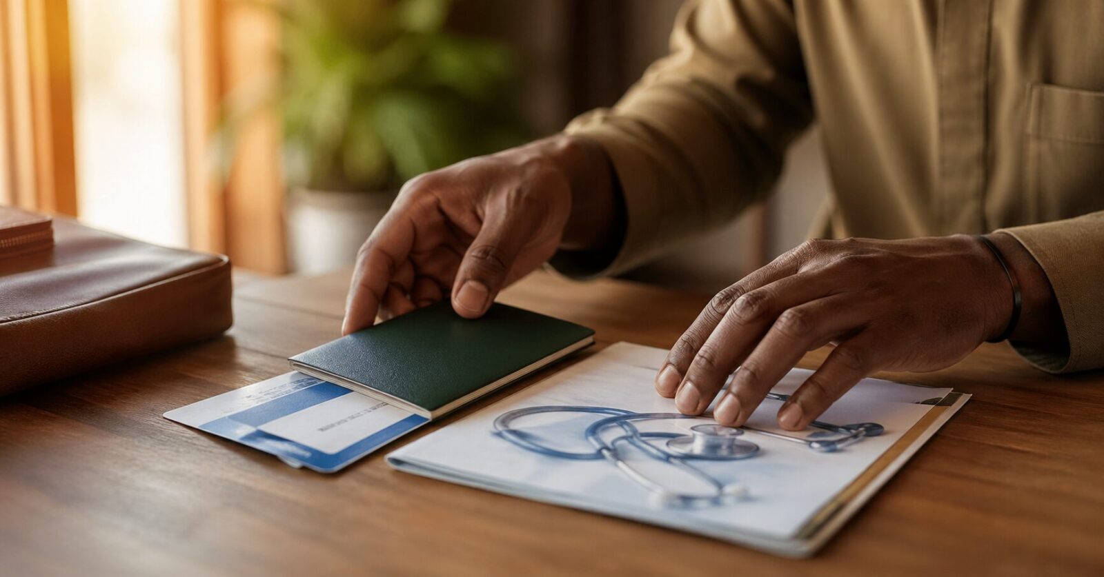 Nigerian patient organizing passport and medical documents for India travel